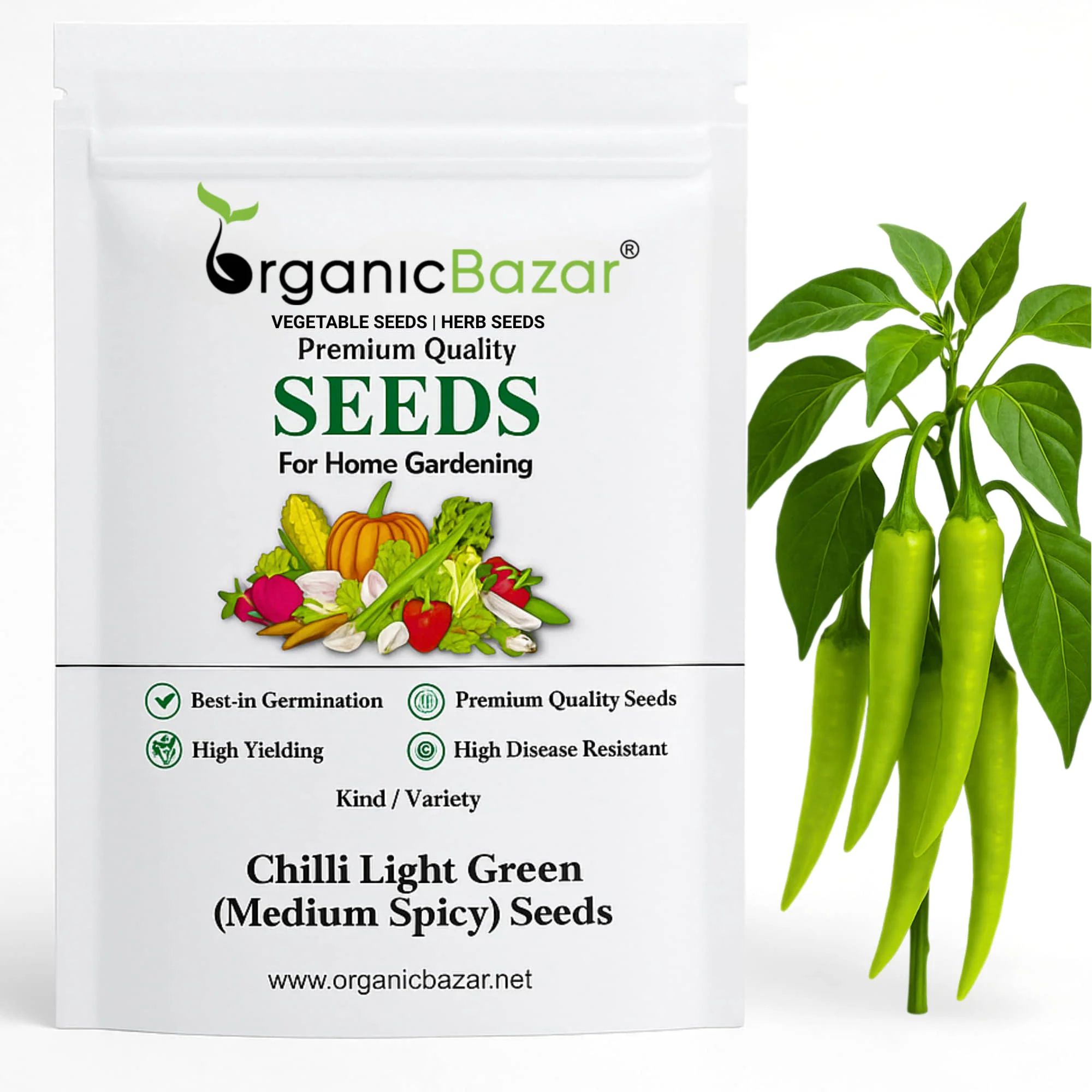 Chilli Light Green (Medium Spicy) Seeds - (50 Seeds) High Yield | High Germination | Best for Home Gardens (मिर्च के बीज)