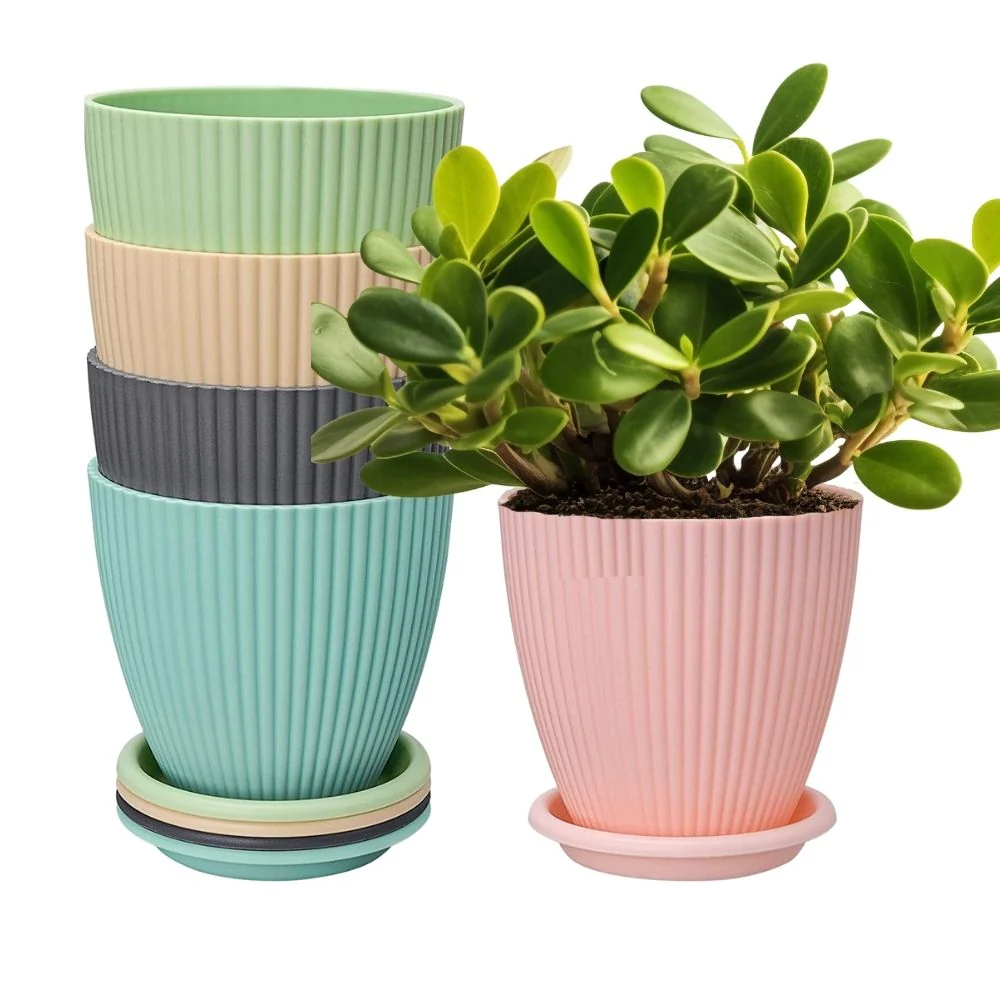 Plastic Flower Pot with Tray (Multicolor, Pack of 5) - Image 6
