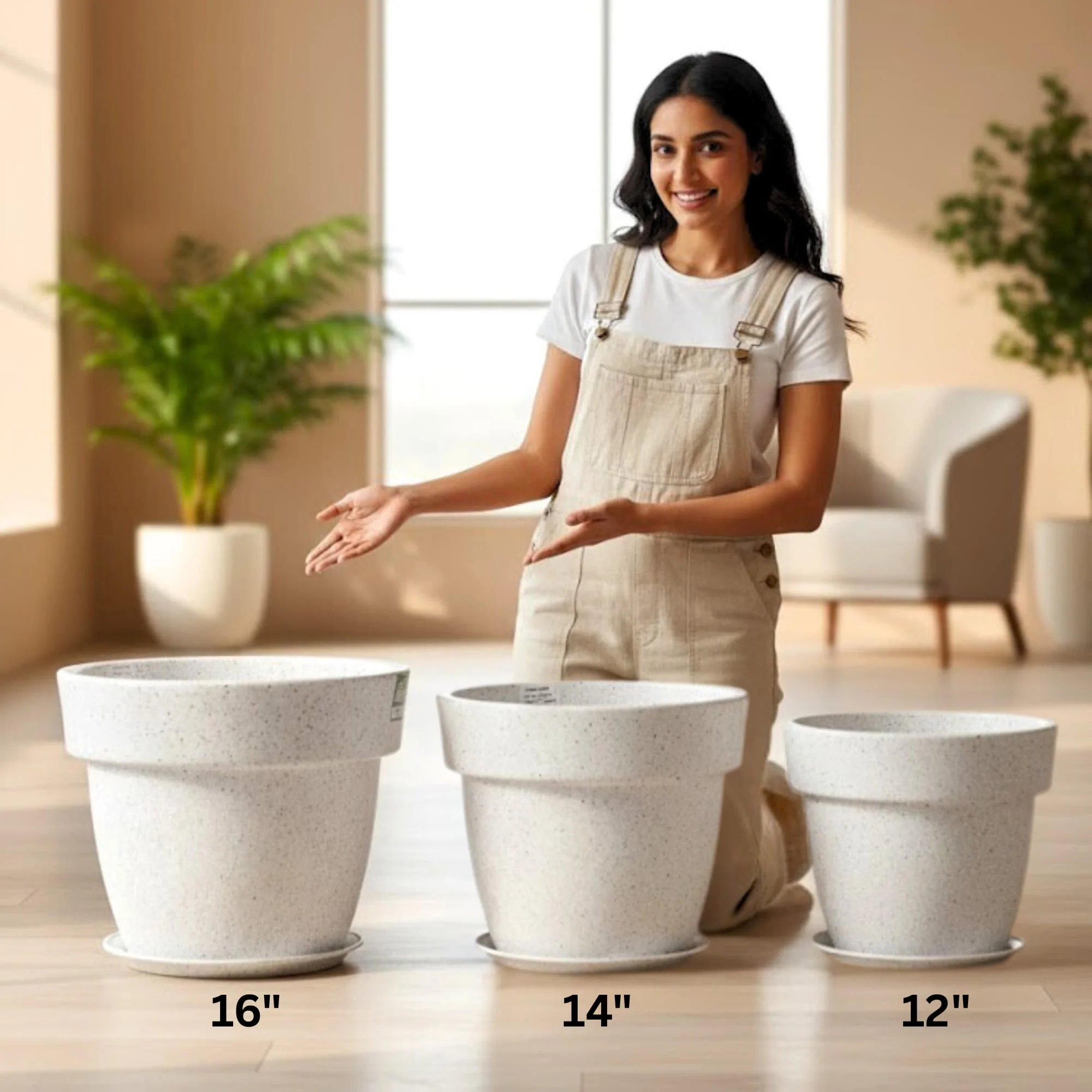 Roto-Moulded Dolium Pot with Saucer | Terrazzo Finish Roto Container with 10+ Years Durability | Premium Stone-Finish Planter for Indoor & Outdoor Garden (Pack of 1) - Image 3