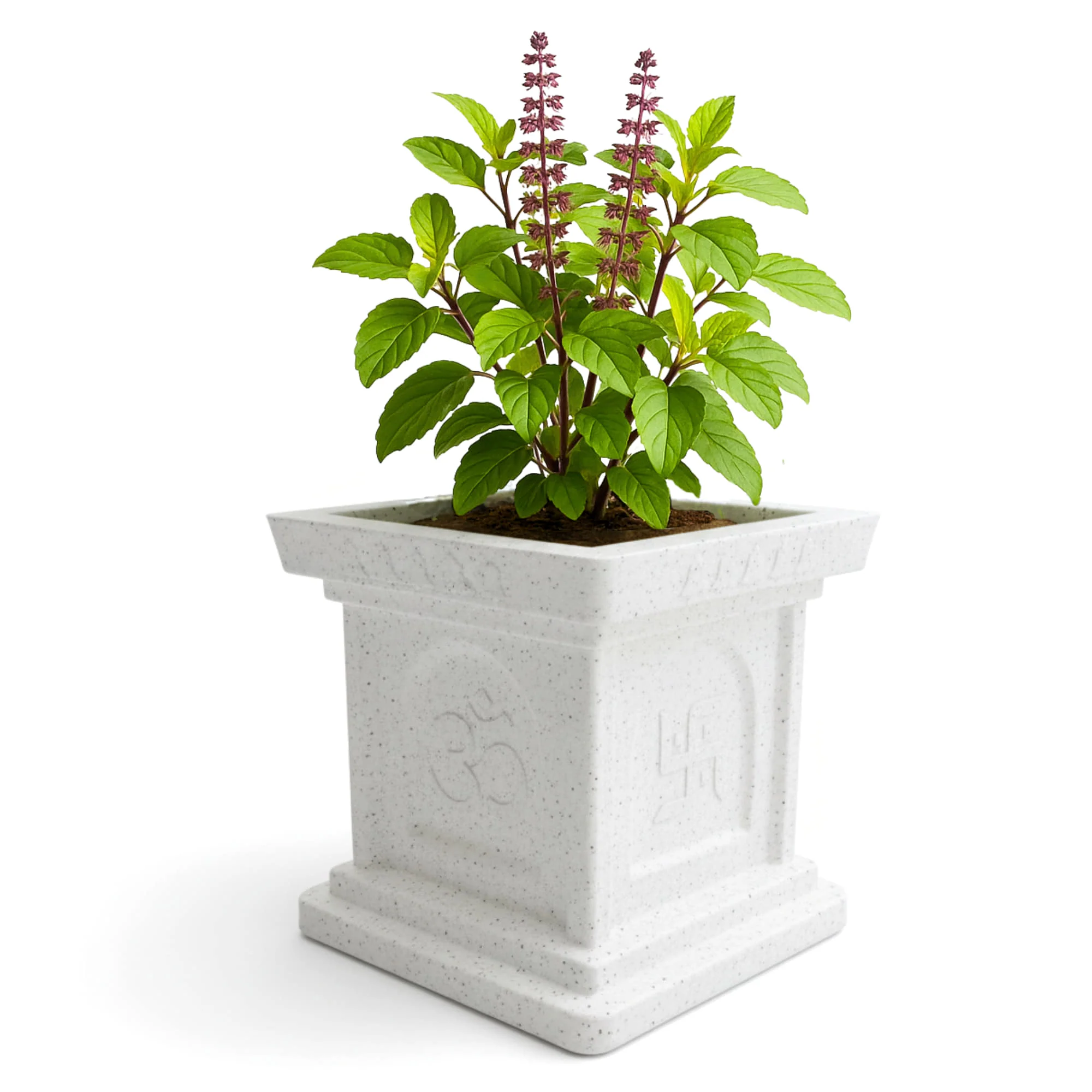Roto Mould Tulsi Pot with 10+ Years Durability | Tulsi Container for home temples, pooja rooms, and gardens | 4 Sacred Carvings | White & Grey Colors - Image 4