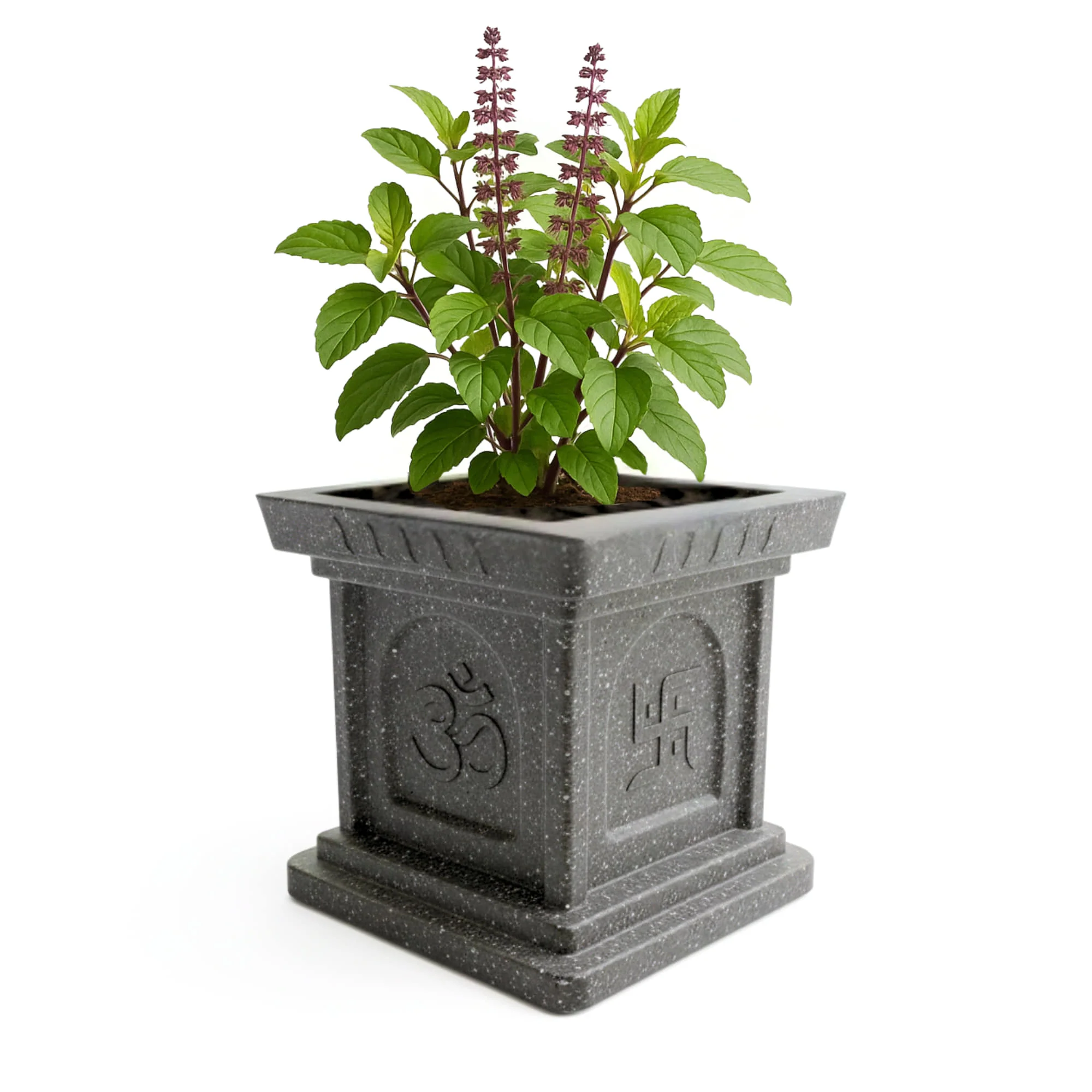 Roto Mould Tulsi Pot with 10+ Years Durability | Tulsi Container for home temples, pooja rooms, and gardens | 4 Sacred Carvings | White & Grey Colors - Image 6