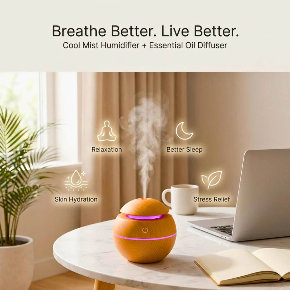 Wooden Color Cool Mist Humidifier cum Essential Oil Diffuser with Colorful Changing Lights for Indoor Garden, Car, Office, & Room (Light Brown, Pack of 1) - Image 3