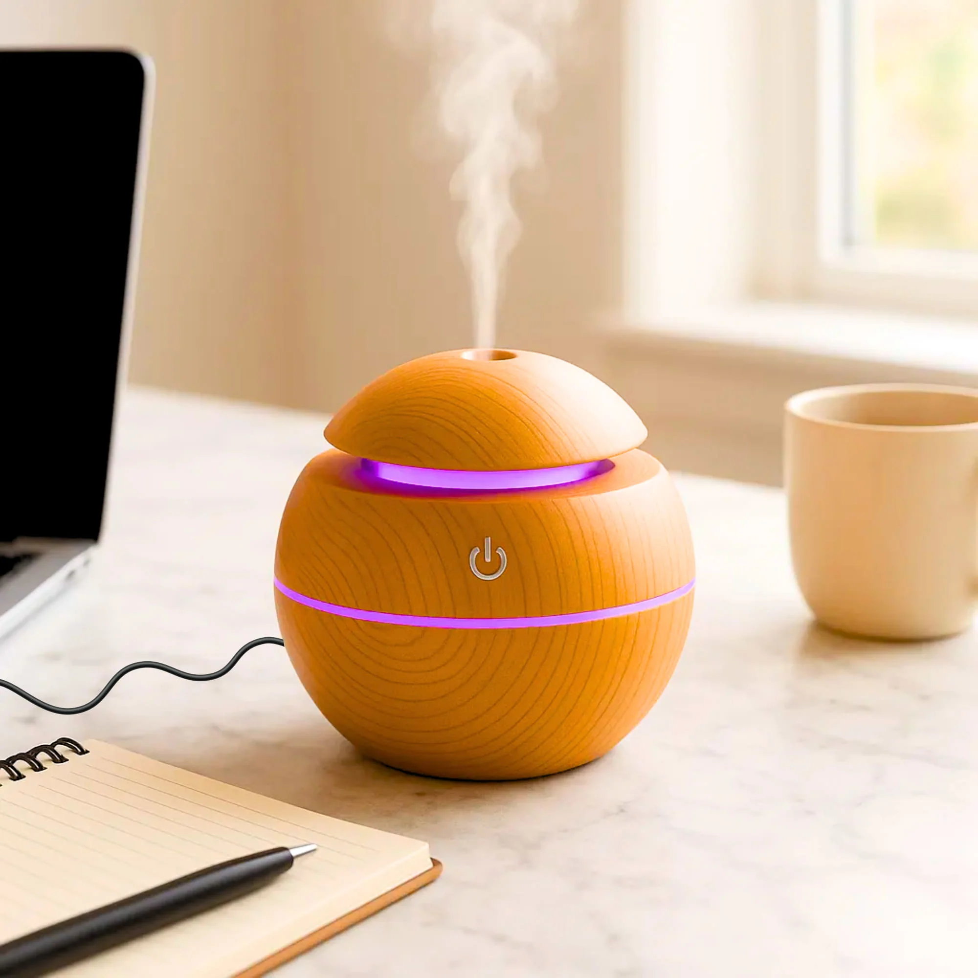 Wooden Color Cool Mist Humidifier cum Essential Oil Diffuser with Colorful Changing Lights for Indoor Garden, Car, Office, & Room (Light Brown, Pack of 1) - Image 4